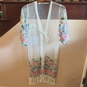 Embroidered Sheer Kimono with Fringe Resortwear Coverup Beach Boho Chic Summer